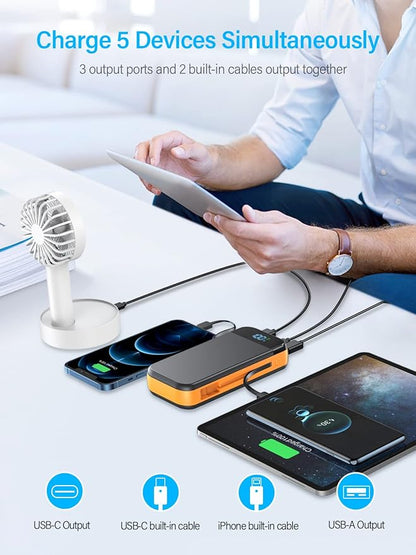 Portable Charger 32000mAh, 22.5W QC 3.0 PD 20W Smart LED Display Fast Charging Built in Cables Power Bank, External Battery Pack Charge 5 Devices Compatible with Cellphones (Orange)