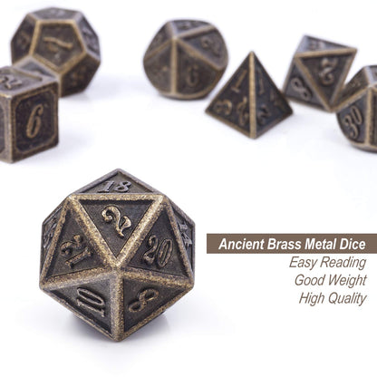 DnDnD Ancient Design Dice, 7PCS Brass DND Metal Dice with Metal Box for Table Games Dungeons and Dragons D&D