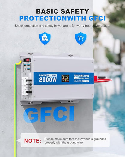 ASMONTRIC 2000W Pure Sine Wave Power Inverter 24V DC to 120V AC Converter 4000 Watt Peak Power Multi-Display Screen with 2 GFCI Outlet 30W USB and 18W Type-C for Car RV Truck Boat Off-Grid, Gray Blue