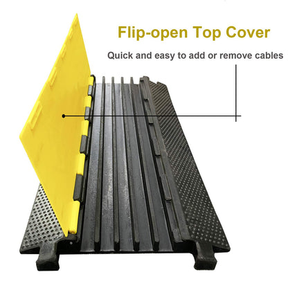 Reliancer 5 Channel Rubber Cable Protector Ramp Traffic Speed Bump 18000lbs Capacity Heavy Duty Cable Protective Cover Ramp Driveway Hose Cord Track Protector Wires Concealer w/Flip-Open Top Cover