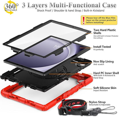 SEYMAC stock Case for Samsung Galaxy Tab A9+ Plus 11'', Full-Body Drop Protection Case with Screen Protector Pencil Holder [360° Rotating Hand Strap] &Stand, Red+Black