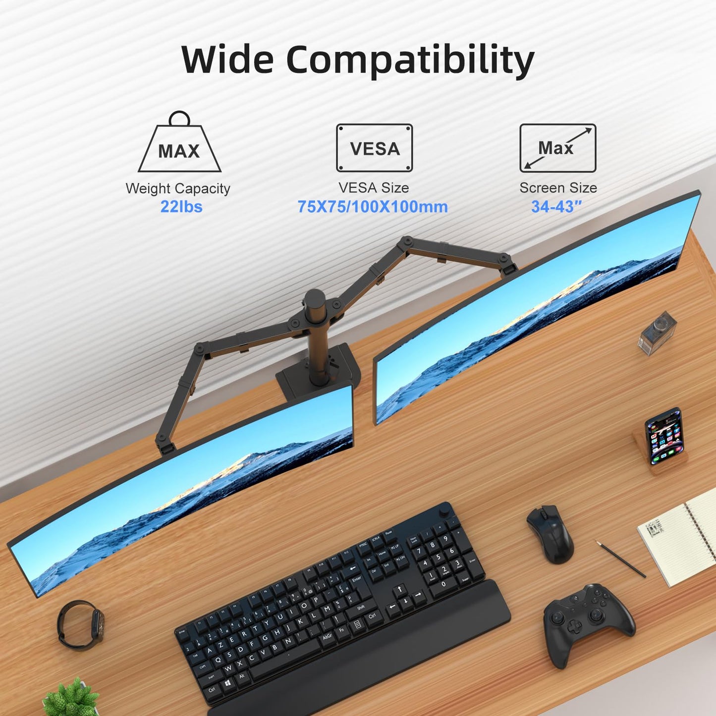 Suptek Dual Monitor Desk Mount, Adjustable Dual Monitor Arm for 2 Monitor Screens up to 43 inch, 15.75" Pole Monitor Stand for Desk, Holds up to 22 lbs, Black(MD9442LB)