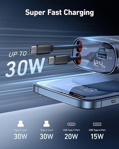 Retractable 4 in 1 Fast Car Charger - 30W Dual USB Type C, 31.5 Inch Cables - Compatible with iPhone 16/15/14/13/12, Samsung, Pixel, iPad