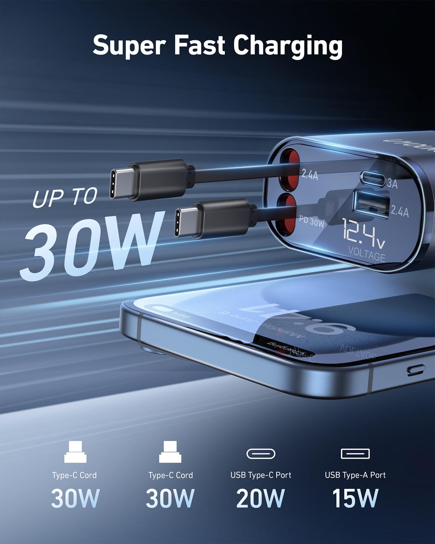 Car Phone Charger Retractable Car Charger 4 in 1 Fast Charger 30W Double