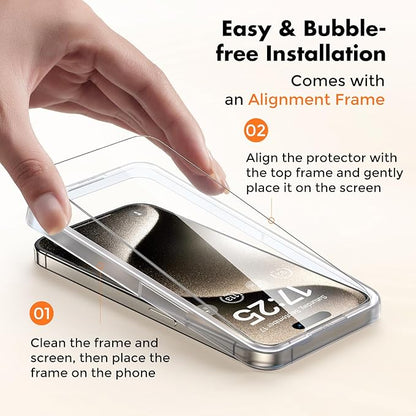 UNBREAKcable Screen Protector for iPhone 15 Pro,Shatterproof Tempered Glass [Easy Installation Frame] [Lasting Protection] [Smooth Touch] [9H Hardness] [Case Friendly] for Apple 6.1”-2 Pack