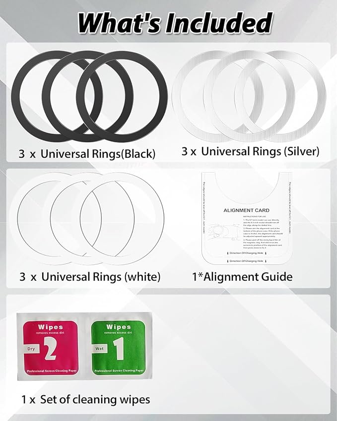 Metal Rings,Ultra-Thin(0.4mm) for MagSafe Sticker,Magnetic Adapter,Phone Cases&Wireless Charger,Compatible with iPhone 16/15/14/13,Galaxy S24/S23/S22/Kindle (3Black & 3White & 3Silver)