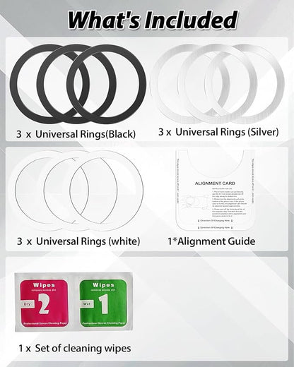 Metal Rings,Ultra-Thin(0.4mm) for MagSafe Sticker,Magnetic Adapter,Phone Cases&Wireless Charger,Compatible with iPhone 16/15/14/13,Galaxy S24/S23/S22/Kindle (3Black & 3White & 3Silver)