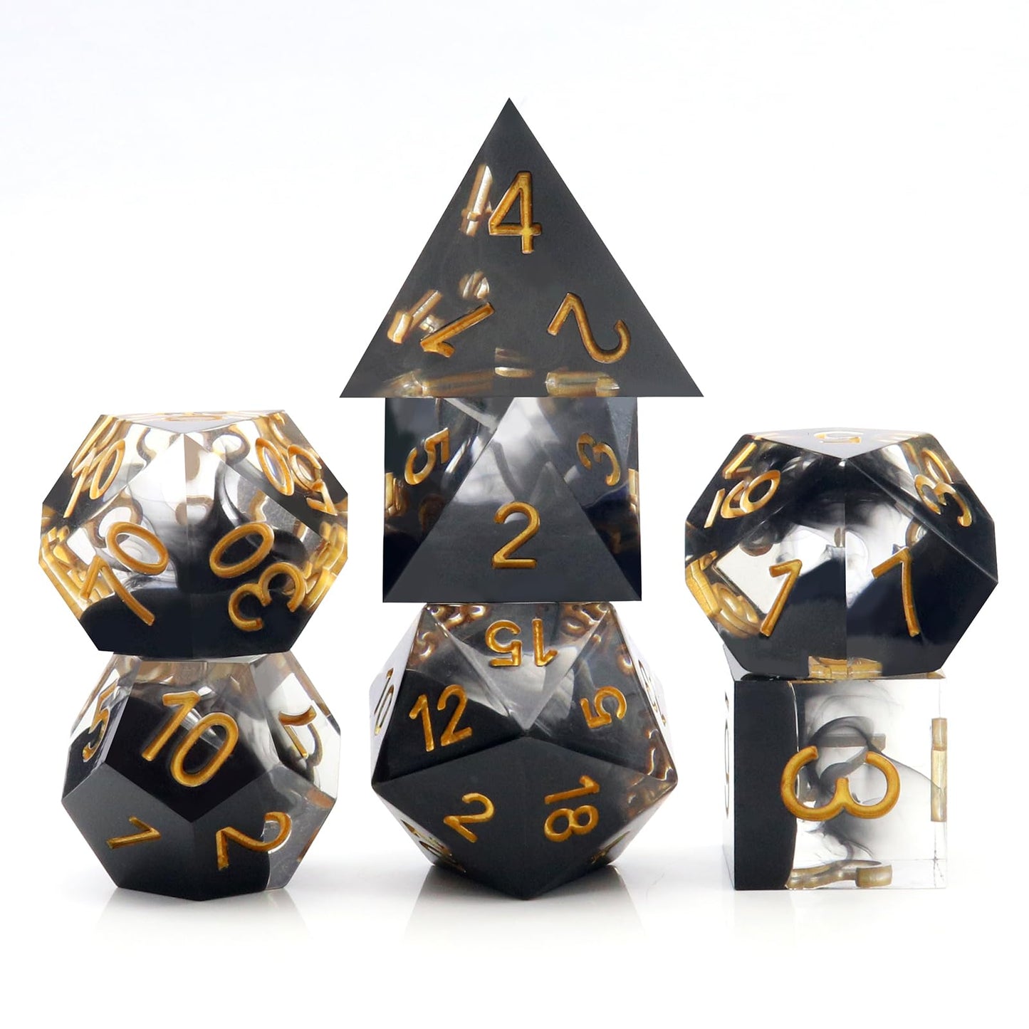 Haxtec Sharp Edge DND Dice Set, Black Swirls Resin Polyhedral RPG Dice