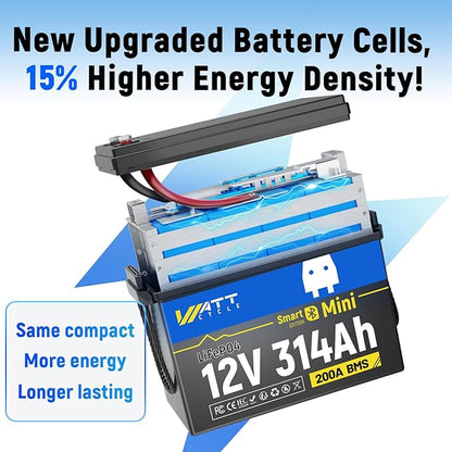 12V 314Ah Lithium LiFePO4 Battery Mini with Bluetooth 5.0 BMS 200A, 4.01kWh Energy, Upgraded Aluminum Cooling Fins & Braided Copper Wires, upporting devices over 2000W (3 PCAK)