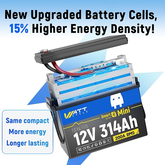12V 314Ah Lithium LiFePO4 Battery Mini with Bluetooth 5.0 BMS 200A, 4.01kWh Energy, Upgraded Aluminum Cooling Fins & Braided Copper Wires, upporting devices over 2000W (1 PCAK)