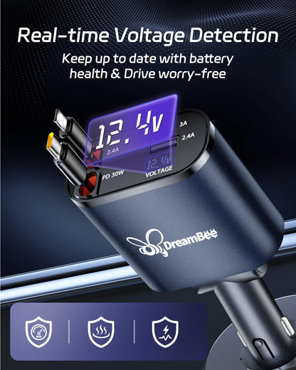 DreamBee Retractable Car Charger,66W 4 in 1 Super Fast Charge Car Phone Charger,Gifts for Men Women Car Truck Accessories for iPhone 17/16/15/14/13/12 Pro Max XR,iPad,Samsung,Pixel-Blue