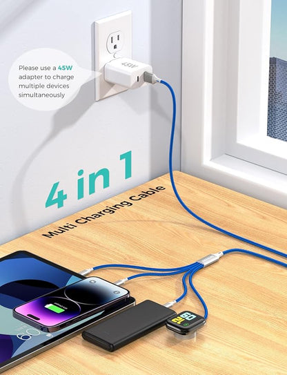 Travel Essentials Multi Charging Cable for Watch Charger 4 in 1 Fast Charger Camping Essentials USB C/L/Micro Compatible with Watch Series 10-1/SE/Ultra Phone 16 15/Galaxy Android-4FT/Blue