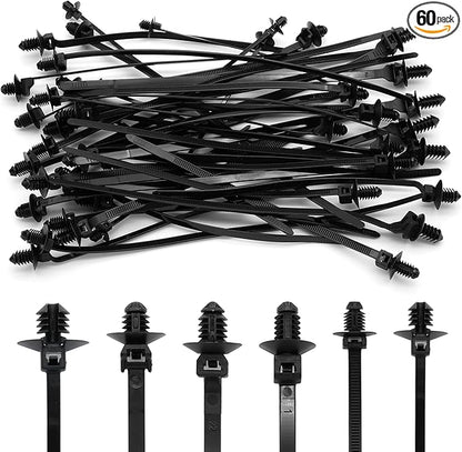 60 Pcs Push Mount Cable Ties Assorted Sizes, Black Nylon Push Mount Zip Ties Wire Harness Clips, 6-Types Snap in Zip Ties Self Locking Automotive Wire Ties for Wire Tying, Automotive