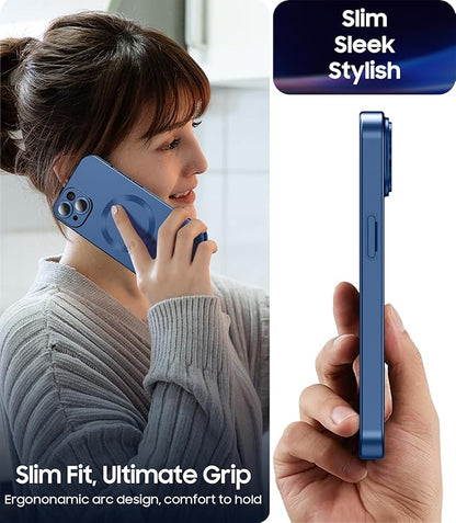 LEKEVO Magnetic for iPhone 14 Plus Case [Compatible with MagSafe][Built-in Camera Lens Protector] Slim Soft Silicone Bumper Shockproof Metallic Luster Phone Case (Blue)