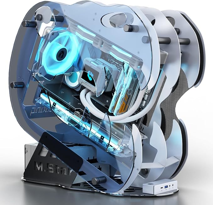 MegaPC Upgraded Open-Frame Mid-Tower Micro-ATX/Mini-ITX Gaming PC Case, Tempered Glass Side Panel, Pre-Installed ARGB PWM Fan, with USB3.0, Type-C, 240mm Radiator Support (White)