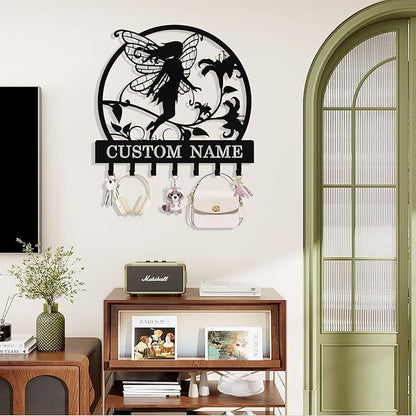 Personalized Fairy Key Holder Wall Mount, Custom Metal Key Rack Key Holder with Name, Deer Cabin Wall Keys Hanger with Hooks for Entryway, Front Door, Hallway, Kitchen, Living Room