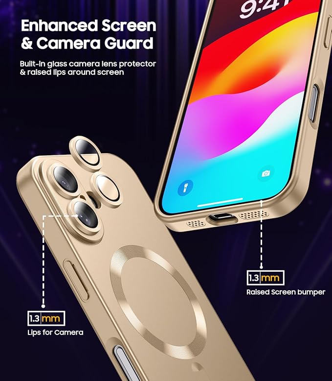 Magnetic for iPhone 16 Case [Compatible with MagSafe][Built-in Camera Lens Protector] Slim Soft Silicone Bumper Shockproof Metallic Luster Phone Case (Gold)