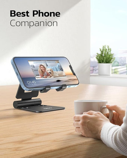 Nulaxy 2 Pack Dual Folding Cell Phone Stand, Fully Adjustable Foldable Desktop Phone Holder Cradle Dock Compatible with iPhone 17 16 15 14 13 12 11 Pro Max Xs Xr X 8, All Phones, Black & Silver