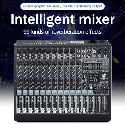 W IN-MIX DX12 Professional DJ Audio Mixer 12 Channel with 99 DSP Effects,7-band EQ,Independent 48V Phantom Power&Mute Button,Bluetooth Function,USB Interface Recording For Studio & Stage