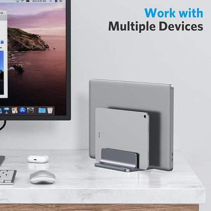 OMOTON [Updated Dock Version] Vertical Laptop Stand, Double Desktop Stand Holder with Adjustable Dock (Up to 17.3 inch), Fits All MacBok/Surface/Samsung/HP/Dell/Chrome Book (Grey)