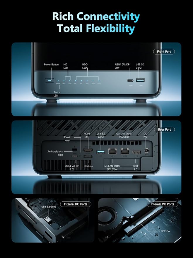 MINISFORUM N5 Pro 5-Bay Desktop AI NAS, AMD Ryzen AI 9 HX PRO 370(12C/24T) CPU, 16GB DDR5, 128G SSD, 1x10GbE, 1x5GbE, 2xUSB4, 8K HDMI, OCuLink, 1xM.2+2xU.2/M.2 Slot, Network Attached Storage(Diskless)