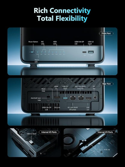 MINISFORUM N5 Pro 5-Bay Desktop AI NAS, AMD Ryzen AI 9 HX PRO 370 12-Core/24T CPU, 128GB SSD, 1x10GbE, 1x5GbE, 1xM.2+2xU.2/M.2 Slots, 2xUSB4(8K), 8K HDMI, OCuLink, Network Attached Storage (Diskless)