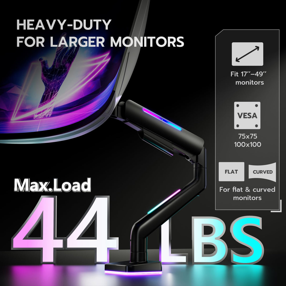 ARES WING Ultrawide Monitor arm with RGB for 17-49 Inch Screen, Black
