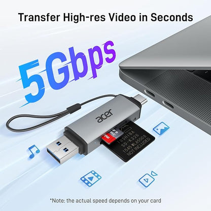 acer SD Card Reader USB C, Dual Slots USB 3.0 Type C to Micro SD Card Adapter, Memory Card Reader for MicroSD, SDHC, SDXC, Compatible with Laptop, PC, iPhone16/15, MacBook Pro/Air, iPad Pro, Android