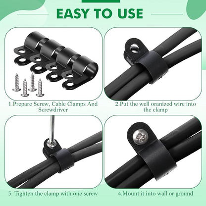Hicarer 50 Pack R-Type Cable Clip Wire Clamp, Nylon Screw Mounting Cord Fastener Clips with 50 Pack Screws for Wire Management (Black, 1/2 Inch)