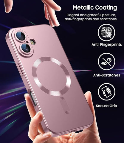 Magnetic for iPhone 16 Case [Compatible with MagSafe][Built-in Camera Lens Protector] Slim Soft Silicone Bumper Shockproof Metallic Luster Phone Case (Rose Gold)