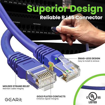GearIT Cat 6 Ethernet Cable (10-Pack 5 Feet) Cat6 Network Patch, 10Gbps, RJ45, Snagless Cord, Gold-Plated Connectors, Internet for PC, TV, Tablet, Router, Printer, Servers, IT Data Center - Purple