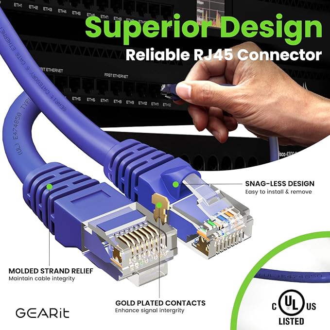 GearIT Cat 6 Ethernet Cable (10-Pack 3 Feet) Cat6 Network Patch, 10Gbps, RJ45, Snagless Cord, Gold-Plated Connectors, Internet for PC, TV, Tablet, Router, Printer, Servers, IT Data Center - Purple