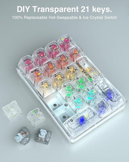 SOLAKAKA K21 RGB Backlit Tri-Mode Transparent Wireless Mechanical Number Pad Supports 3 BT/2.4GHz/Type C Wired,Hot Swappable 21 Keys Mechanical Numpad with Transparent Keycaps White