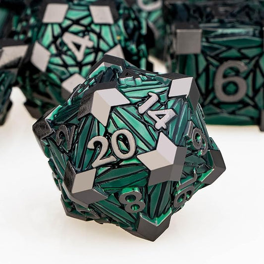 ORIFANTOU 7PCS Metal DND Dice Set with Box, Debris RPG Green D and D Dice for use with D&D Tabletop Games Role Playing Game Polyhedral Dice Set D20 D12 D10 D8 D6 D4