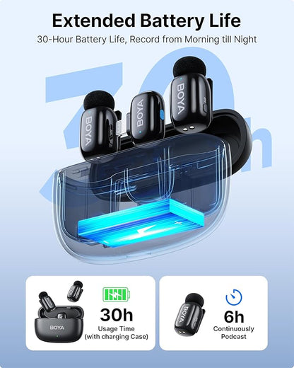 BOYA mini Wireless Microphone for iPhone/Android/PC/Tablets with USB C/Lightning Plug, MFi Certified, Noise Reduction, AI Voice Changer, 30H Battery Life with Charging Case for Video Recording Podcast