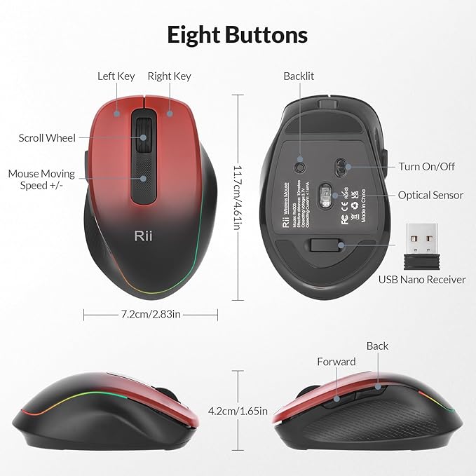 Rii Wireless Mouse Rechargeable, 2.4 GHz with USB Receiver, 1000/1200/1600 DPI, Ergonomic Grips, Silent Keys, Cordless Computer Mice for Laptop, PC, Desktop, Mac-Black&Red