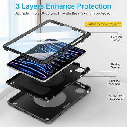 Case for iPad Pro 11 Inch 2022/2021/ 2020/2018: Cover for iPad 11 Inch 4th/ 3rd/ 2nd/ 1st Generation with Screen Protector- Stand- Handle- Shoulder Strap- Pencil Holder Black