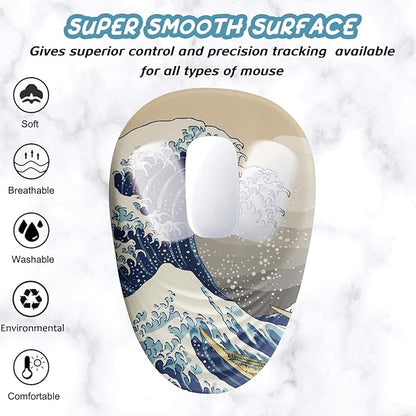 Ergonomic Mouse Pad Wrist Rest, Japanese Sea Wave Mouse Pad with Wrist Support, Memory Foam Massage Design & Non-Slip PU Base MousePads for Pain Relief, Desk, Office, Home, Kanagawa Wave