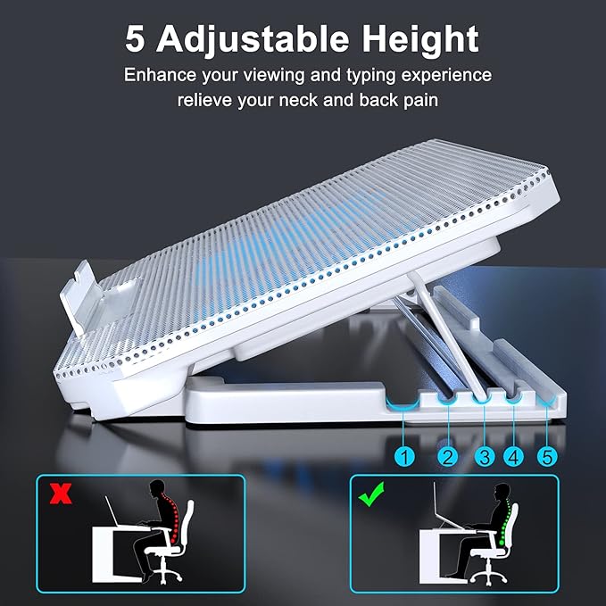 LIENS Laptop Cooling Pad with Adjustable Height Two 5.1 Inches Fan 2 USB Ports Suitable for 12"-15.6" Laptops（White）
