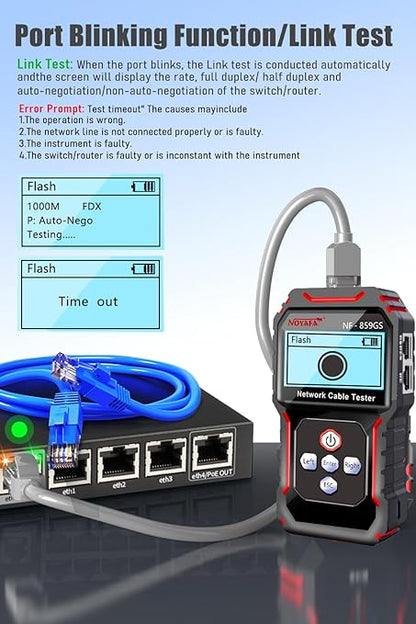 NF-8209S Network Cable Tester, RJ45 Ethernet Tester for POE/Cat5/Cat7/Cat6a/Cat6/Cat5e, Wire Mapper, Length, Open/Short, Wire Fault Locator, Ethernet LAN Network Toner Tool