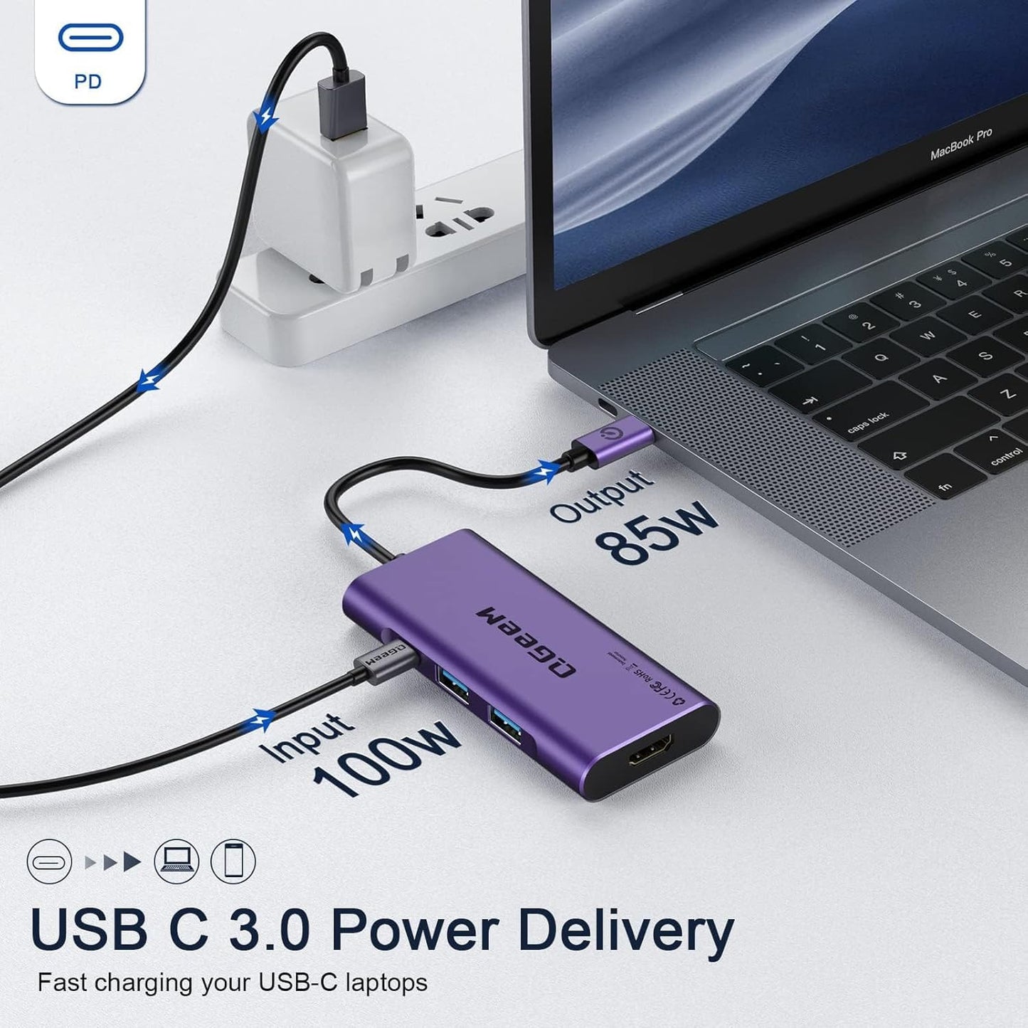 USB C Hub, QGeeM USB 4k to HDMI Adapter, 7 in 1 USB-C Dongle with 100W PD,USB 3.0, Card Reader, Compatible for MacBook iPhone 15/17 Ipad Pro max,Chromebook Laptop USB Type C Dock-Purple