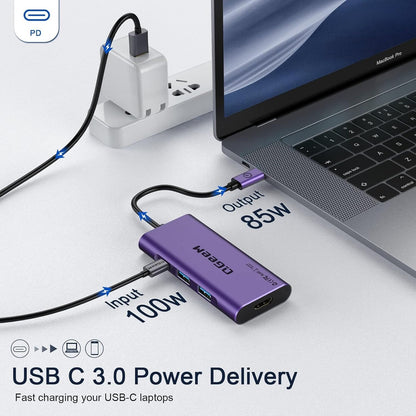 USB C Hub, QGeeM USB 4k to HDMI Adapter, 7 in 1 USB-C Dongle with 100W PD,USB 3.0, Card Reader, Compatible for MacBook iPhone 15/17 Ipad Pro max,Chromebook Laptop USB Type C Dock-Purple