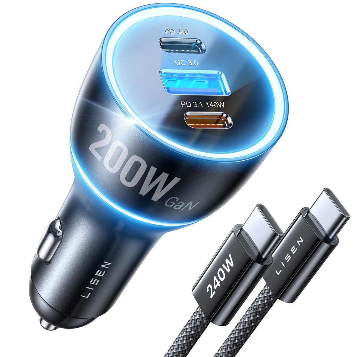 LISEN 200W Car Charger USB C Fast Charge [GaN] PD 140W Fast Car Charger