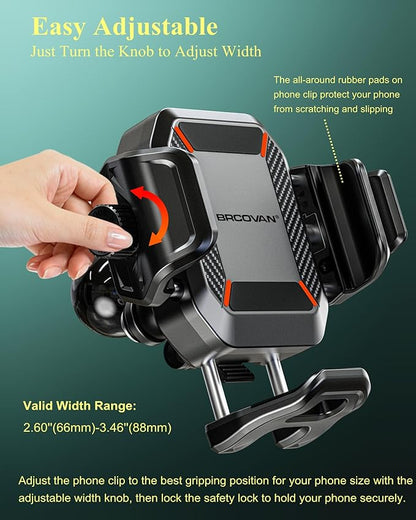 BRCOVAN Anti-Theft Phone Mount Holder with Vibration Dampener [Camera Friendly] [1s Lock & Release], with Aluminum Diamond Base & Medium Arm for Car Boat Truck Motorcycle UTV ATV Fit 5.4-7.2'' Phone