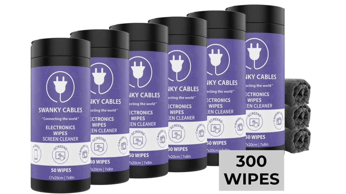 Swanky Cables Electronic Cleaning Wipes - Computer, TV, Monitor, Phone, Laptop, Tablet, Keyboard, Camera & Lens Cleaner, Portable Tech Screen Cleaner - With Microfiber Cloth - Canister, 150 Count