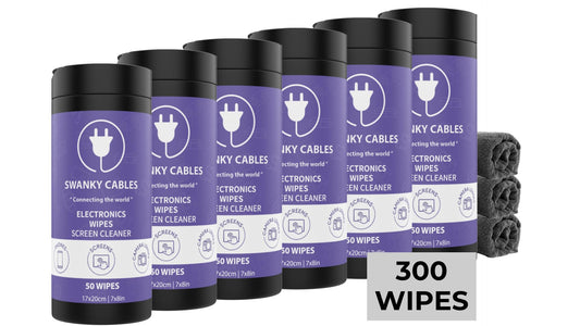 Swanky Cables Electronic Cleaning Wipes - Computer, TV, Monitor, Phone, Laptop, Tablet, Keyboard, Camera & Lens Cleaner, Portable Tech Screen Cleaner - With Microfiber Cloth - Canister, 150 Count