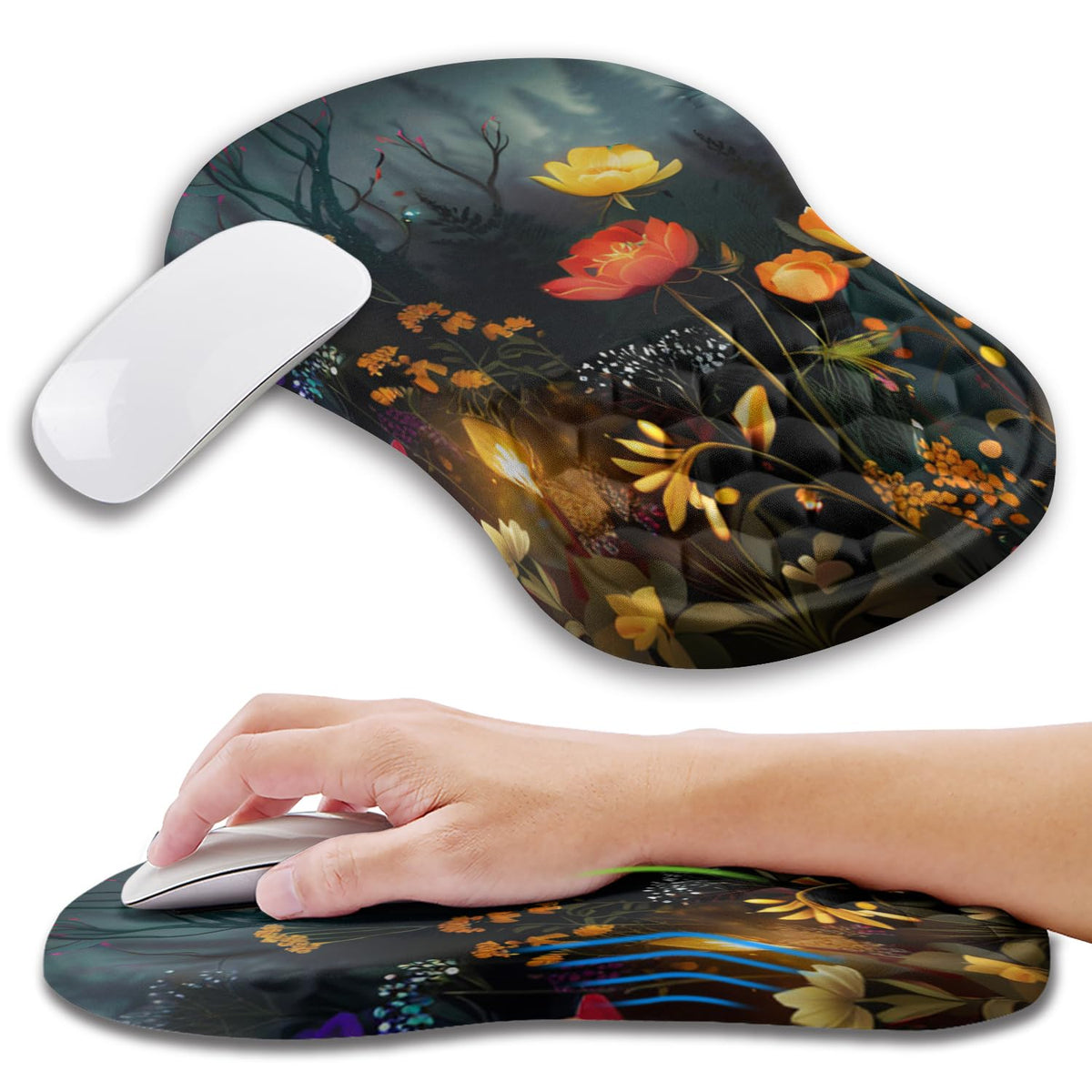 Kuosgm Ergonomic Mouse Pad Wrist Support with Memory Foam Massage Bulge, Carpal Tunnel Pain Relief Mousepad Wrist Rest for Mouse(12x8 inch, Pink Flowers)