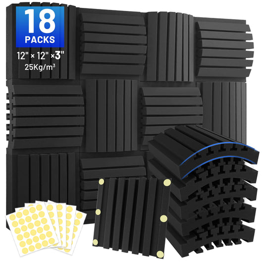 Focusound 18 Pack Curved Acoustic Foam Panels 3" x 12" x 12" Sound Proof Foam Panels Soundproofing Noise Cancelling Wedge Panels for Home Office Recoding Studio with 150 PCS Double-Side Adhesive