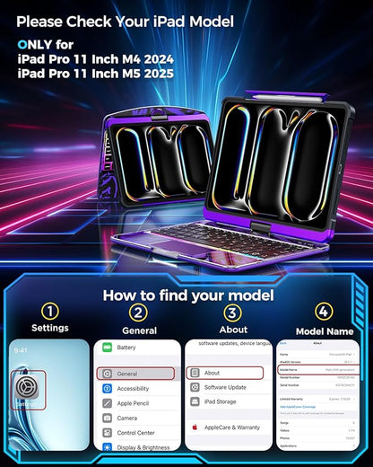 SIBEITU Keyboard Case for iPad Pro 11 Inch (M5 2025 / M4 2024), 360 Rotatable iPad Pro 11 Clear Cover with Multi-Touch Trackpad, 7-Color Backlight & 3 Brightness, High-Tech Visible PCB Design, Purple