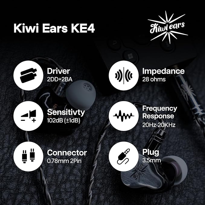 Linsoul Kiwi Ears KE4 in Ear Monitor, 2DD+2BA Hybrid Earphone, Gaming Earbuds, HiFi Wired IEM, with Detachable IEM Cable for Musician Audiophile (Silver)
